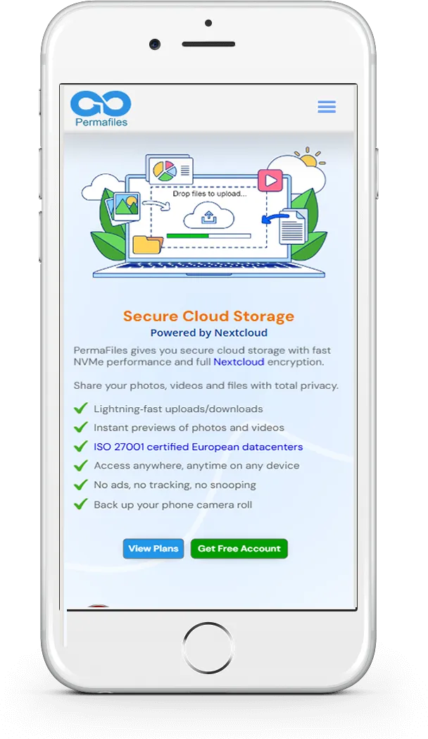 Mobile screen showing PermaFiles secure cloud storage service with features like fast NVMe performance, Nextcloud encryption, instant previews, ISO 27001 certified European datacenters, and options to view plans or get a free account.