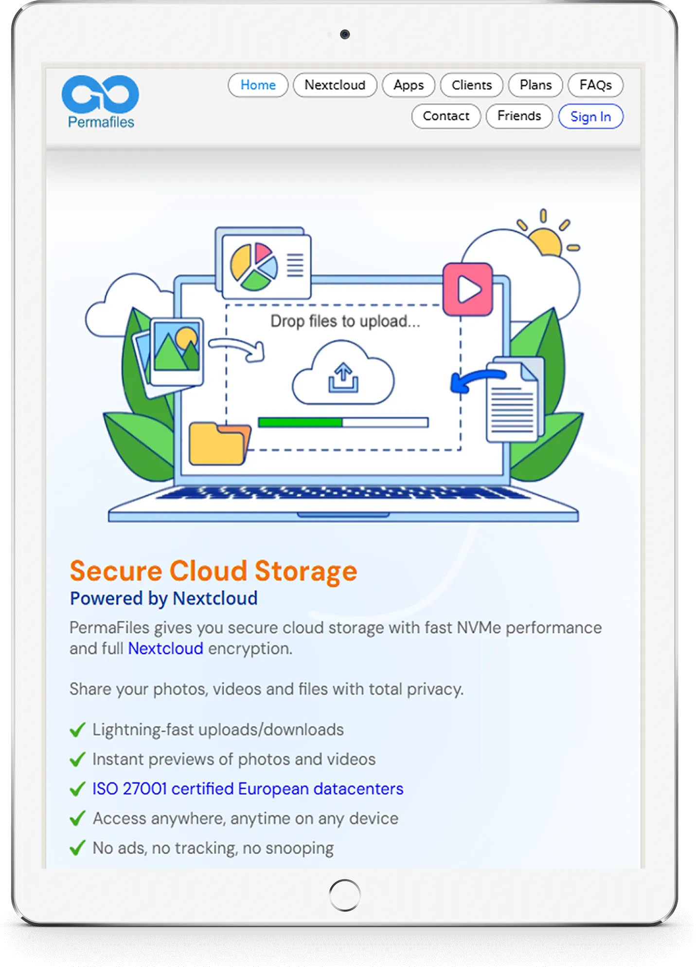 Tablet screen showing PermaFiles secure cloud storage webpage with a laptop graphic illustrating file upload to cloud and features like fast uploads, privacy, and ISO 27001 certified European datacenters.