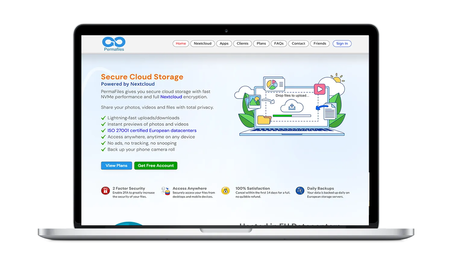 MacBook screen showing a webpage for PermaFiles secure cloud storage powered by Nextcloud, highlighting features like fast uploads, privacy, certified data centers, and daily backups.