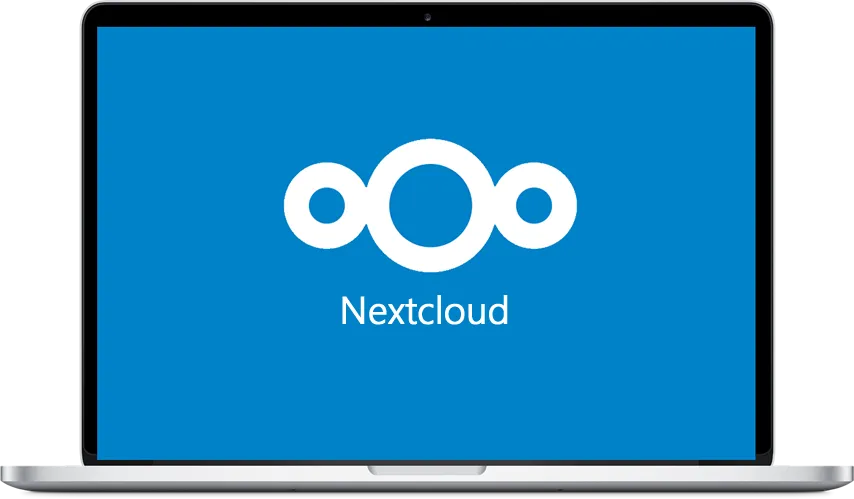 MacBook screen showing a webpage for PermaFiles secure cloud storage powered by Nextcloud, highlighting features like fast uploads, privacy, certified data centers, and daily backups.