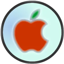 Stylized Apple logo with red apple and green leaf inside a circular blue and green gradient background.