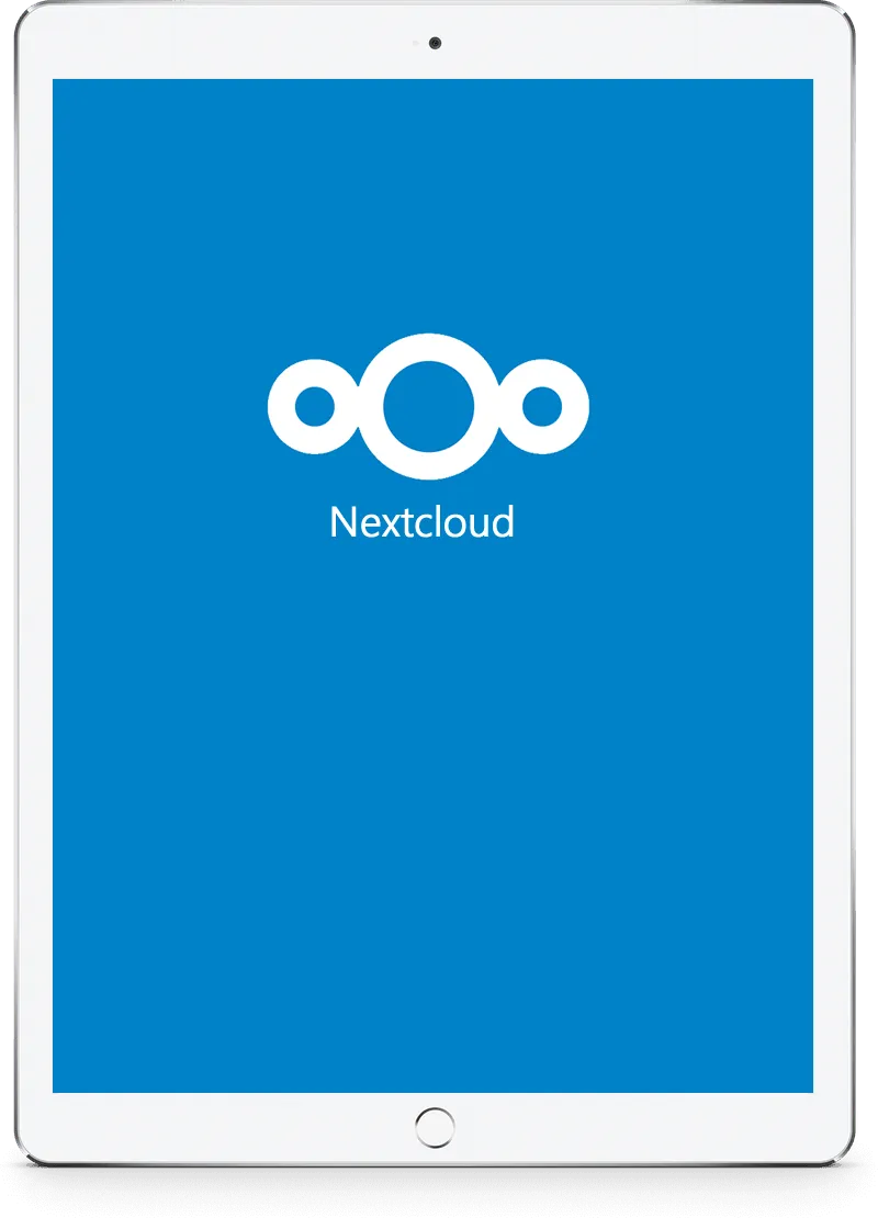 Tablet screen showing PermaFiles secure cloud storage webpage with a laptop graphic illustrating file upload to cloud and features like fast uploads, privacy, and ISO 27001 certified European datacenters.